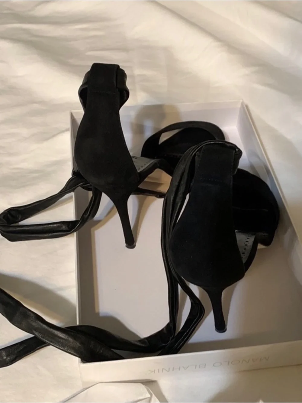 Manolo Blahnik Black Wrap-Ankle Stiletto Sandals